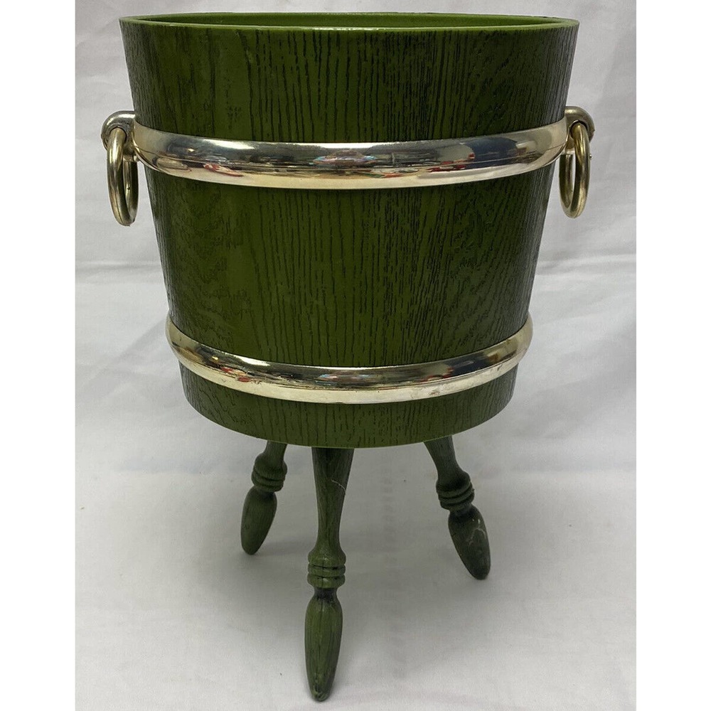 Retro 70’s Plant Barrel Bucket MCM Planter Avocado Green Max Klein Faux Wood